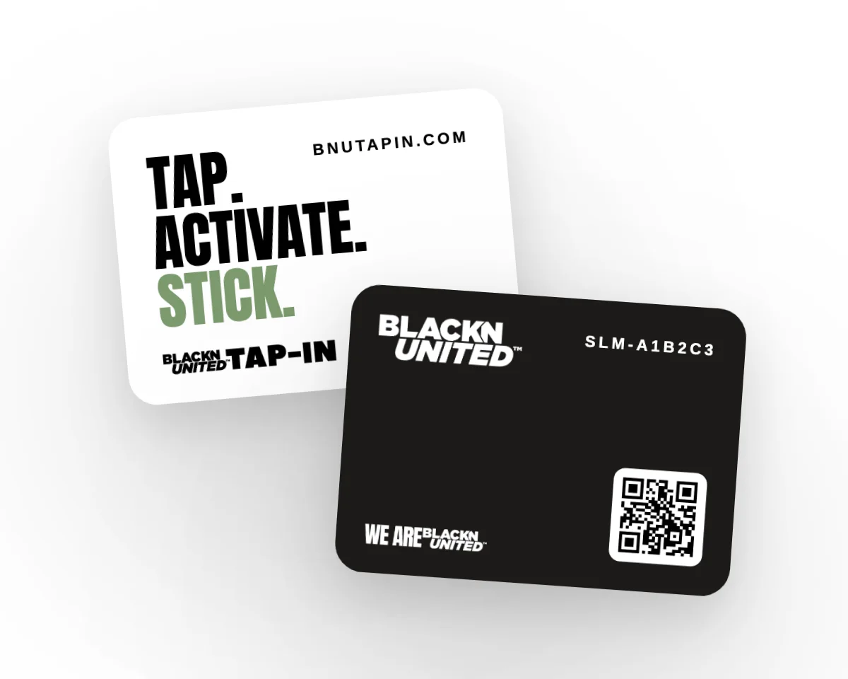 The BNU Tap-In slim in black, next to its sticker card
